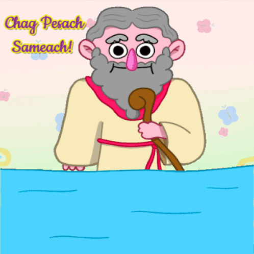 A Cartoon Drawing Of A Man Holding A Cane With The Words Chag Pesach Sameach Above Him GIF