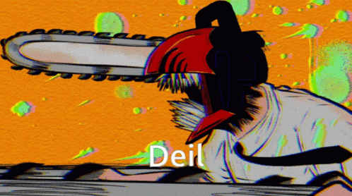 A Cartoon Drawing Of A Man Holding A Chainsaw With The Word Deil In The Corner GIF