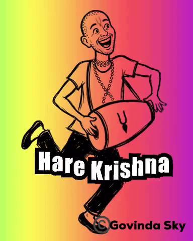 a cartoon drawing of a man holding a drum with the words hare krishna below him