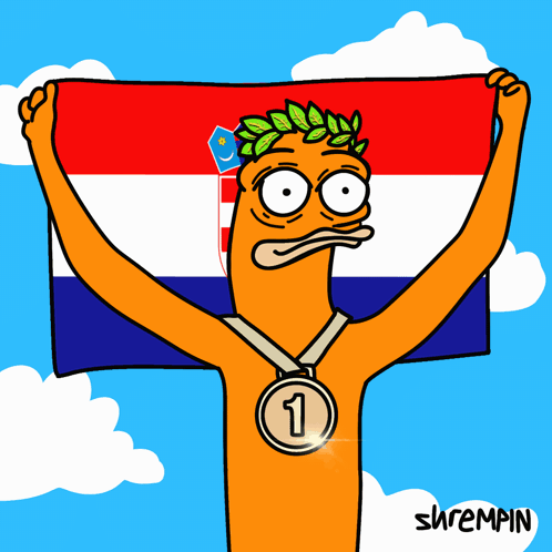 A Cartoon Drawing Of A Man Holding A Flag And A Medal With The Number 1 On It GIF
