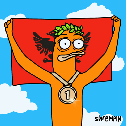 A Cartoon Drawing Of A Man Holding A Flag And A Medal With The Number 1 On It GIF