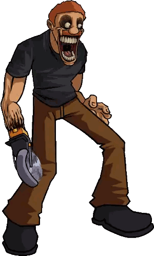 a cartoon drawing of a man holding a saw with his mouth wide open