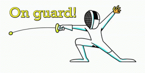 A Cartoon Drawing Of A Man Holding A Sword With The Words On Guard Below Him GIF