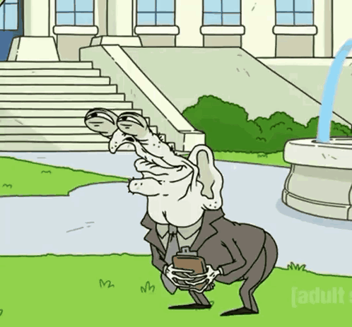 A Cartoon Drawing Of A Man Holding A Wallet In Front Of A Building GIF