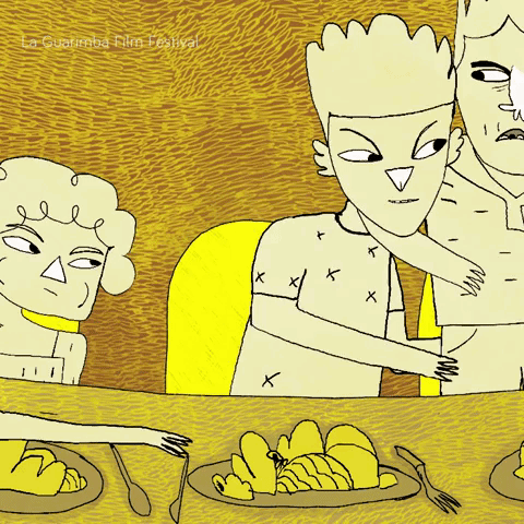 A Cartoon Drawing Of A Man Holding Another Man 'S Arm With The Words La Quartumba Film Festival On The Bottom Right GIF