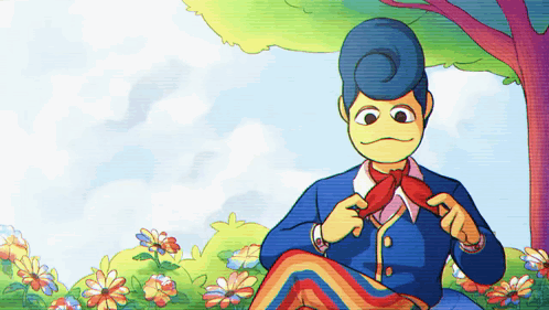 A Cartoon Drawing Of A Man In A Blue Suit Tying A Red Bow Tie GIF