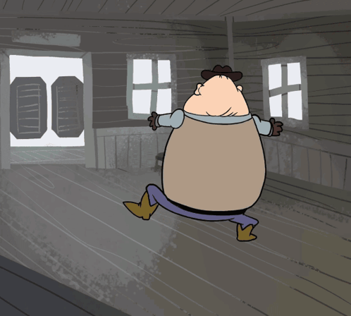 A Cartoon Drawing Of A Man In A Cowboy Hat Standing In A Room GIF