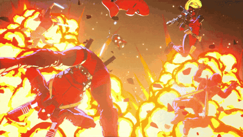 a cartoon drawing of a man in a red suit surrounded by fire and explosions