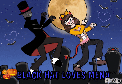 A Cartoon Drawing Of A Man In A Top Hat And A Girl In A Devil Costume With The Words Black Hat Loves Mena GIF