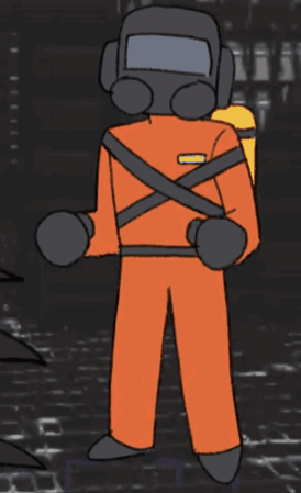 A Cartoon Drawing Of A Man In An Orange Suit With A Gas Mask On GIF
