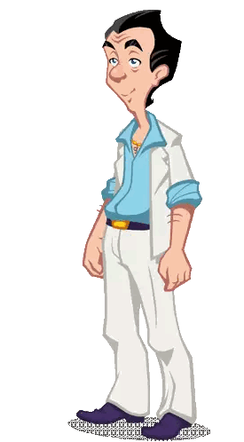 a cartoon drawing of a man in white pants and blue shirt
