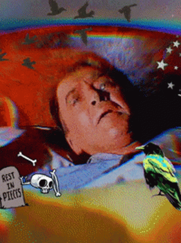 A Cartoon Drawing Of A Man Laying In A Bed With A Gravestone That Says Rest In Peace GIF