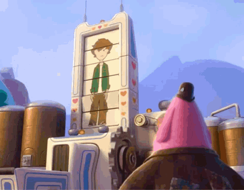 A Cartoon Drawing Of A Man On A Building With Hearts GIF
