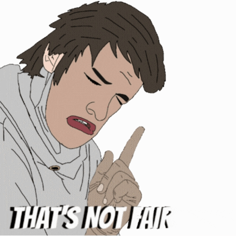 a cartoon drawing of a man pointing with the words that 's not fair below him