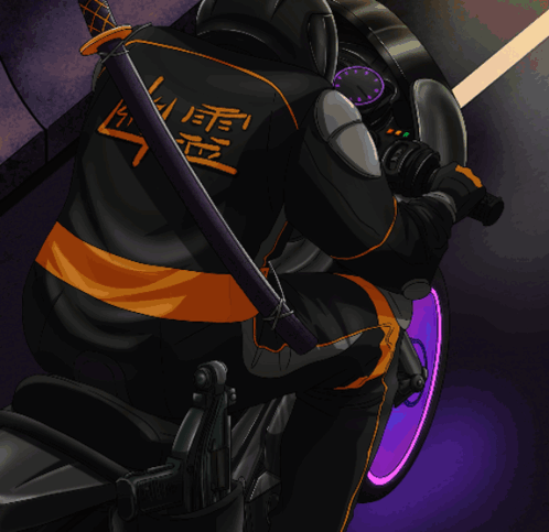 A Cartoon Drawing Of A Man Riding A Motorcycle With A Sword On His Back GIF