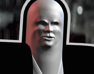 a cartoon drawing of a man 's face with a black and red background