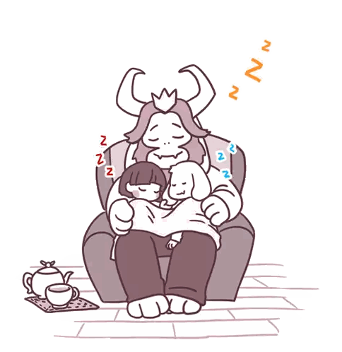 a cartoon drawing of a man sitting in a chair with a child and a dog