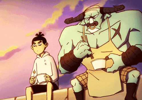 A Cartoon Drawing Of A Man Sitting Next To A Monster Eating Noodles GIF