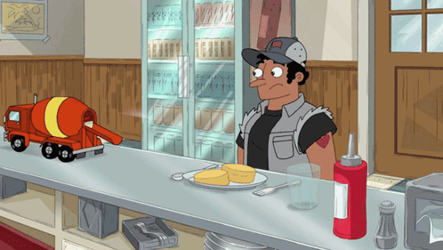 A Cartoon Drawing Of A Man Standing Behind A Counter GIF