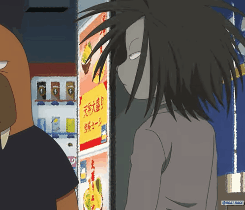 A Cartoon Drawing Of A Man Standing In Front Of A Boat Race Vending Machine GIF