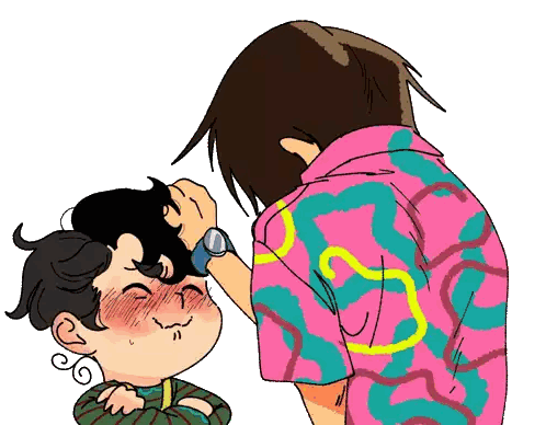 a cartoon drawing of a man touching another man 's hair