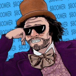 A Cartoon Drawing Of A Man Wearing A Top Hat And Sunglasses With The Word Boomer Behind Him GIF