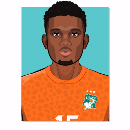 a cartoon drawing of a man wearing an orange shirt with the letter f on the front
