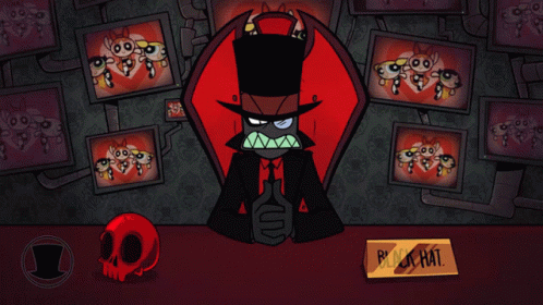 A Cartoon Drawing Of A Man With A Top Hat And A Sign That Says Black Hat GIF