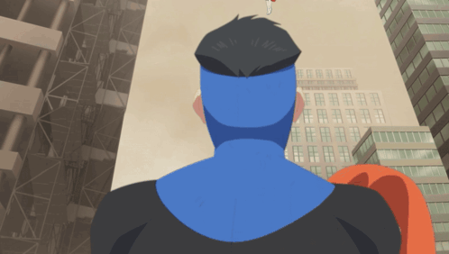 A Cartoon Drawing Of A Man With Blue Hair Standing In Front Of A Building GIF