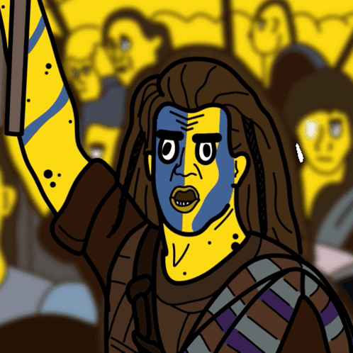 A Cartoon Drawing Of A Man With Blue Paint On His Face And The Letter V On His Chest GIF