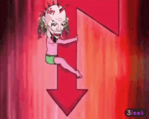 A Cartoon Drawing Of A Man With Spikes On His Head Holding An Arrow Pointing Down GIF