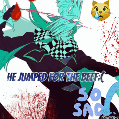 A Cartoon Drawing Of A Man With The Words He Jumped For The Beef So Sad GIF