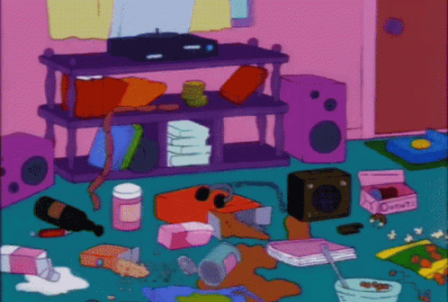 A Cartoon Drawing Of A Messy Room With A Box That Says Donut On It GIF