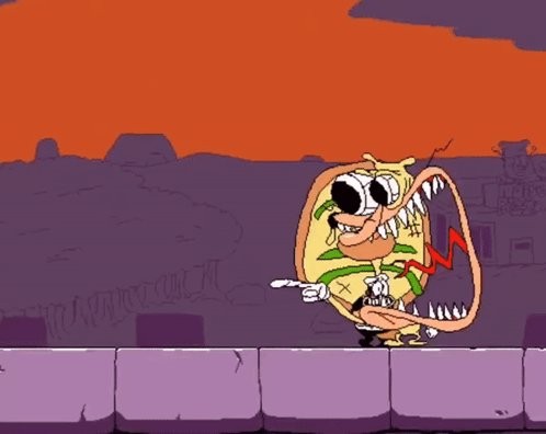 A Cartoon Drawing Of A Monster Eating A Pizza With A X On It GIF