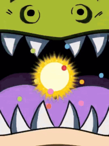 A Cartoon Drawing Of A Monster 'S Mouth With Teeth And A Sun In It GIF