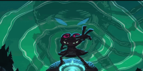 A Cartoon Drawing Of A Monster Standing On A Rock With A Green Background GIF