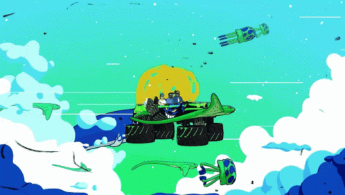 A Cartoon Drawing Of A Monster Truck With A Whale And Stingrays GIF