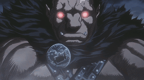 A Cartoon Drawing Of A Monster With Red Eyes And A Coin Around His Neck GIF