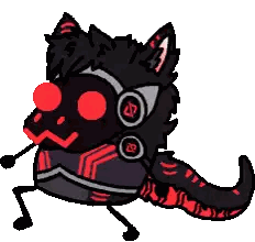 a cartoon drawing of a monster with red eyes and a long tail .