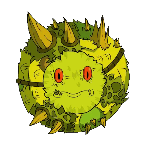 a cartoon drawing of a monster with red eyes and horns