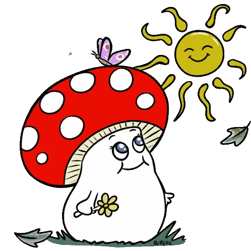 a cartoon drawing of a mushroom with a flower and a butterfly on it by birch