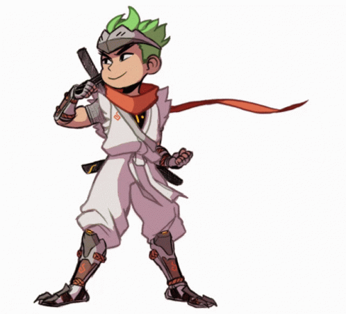 A Cartoon Drawing Of A Ninja With Green Hair And A Red Scarf Around His Neck GIF