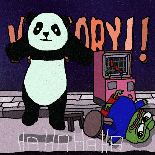 A Cartoon Drawing Of A Panda Bear Standing Next To A Pink Machine That Says " Nodyi " GIF