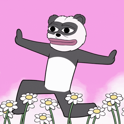 Cartoon Panda Standing In Daisies Field GIF