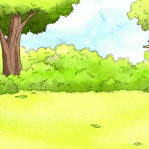 A Cartoon Drawing Of A Park With A Tree And Bushes GIF