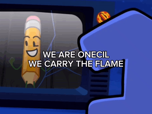 a cartoon drawing of a pencil with the words we are onecil we carry the flame