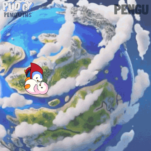 A Cartoon Drawing Of A Penguin Flying Over A Globe With The Words Puddy Penguins On The Bottom GIF