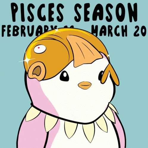 A Cartoon Drawing Of A Penguin Holding A Fish And The Words Pisces Season February March 20 GIF