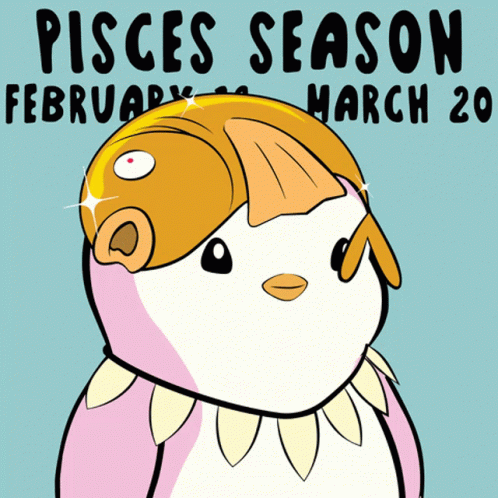A Cartoon Drawing Of A Penguin With A Fish On Its Head And The Words Pisces Season February March 20 GIF