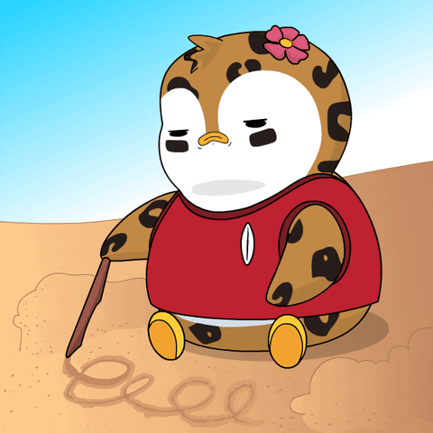 A Cartoon Drawing Of A Penguin With A Flower On Its Head And The Word Eeee Written In The Sand GIF